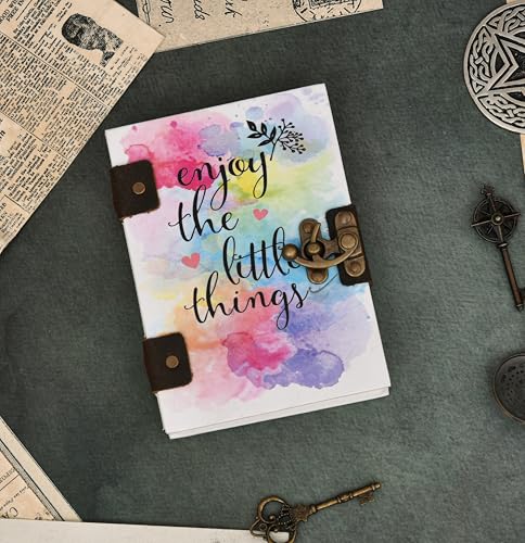 Image of Handmade Watercolor Quote Journal | ?Enjoy the Little Things? Eco-Friendly Diary | Recycled Paper Notebook with Vintage Lock | 7x5 Inch Gift for Her