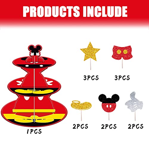 Large 3-Tier Mouse Cupcake Stand 11.8 Inch Cardboard Cupcake Tray With 12 Pieces Cupcake Toppers For Wedding Birthday Baby Shower Mouse Birthday Party Supplies #TOP1