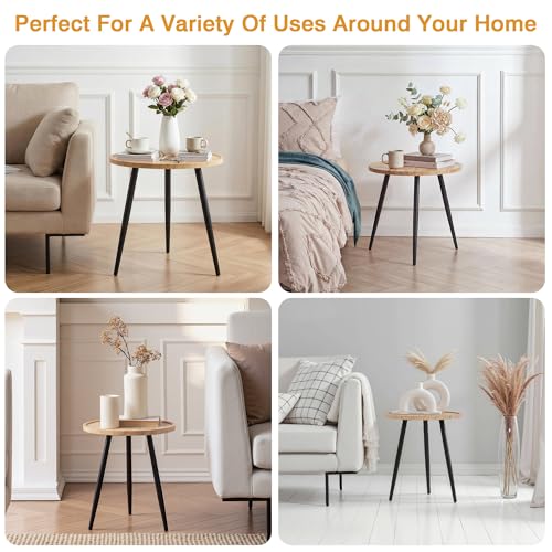 VECELO Modern Side Table, Round Small End Table, Exclusively Designed Hand-Crafted Small Nightstand, Solid Wood,Oak top with Black Metal Legsfor Bedrooms, Living Rooms, 2-Pack by VECELO - Used condition - Image 8