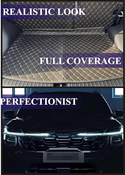Image of Premium 7D Boot /Trunk Mats Compatible for Mg Windsor EV||Luxury Leather Double Layered mats||Complete Set ||100% Waterproof and Washable (Beige with Golden)