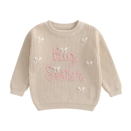 Amnnchya Toddler Infant Baby Girl Knit Sweater Big Sister Little Sister Matching Outfits Long Sleeve Pullover Sweatshirt (Beige Bow Outfit 3-4 Years)
