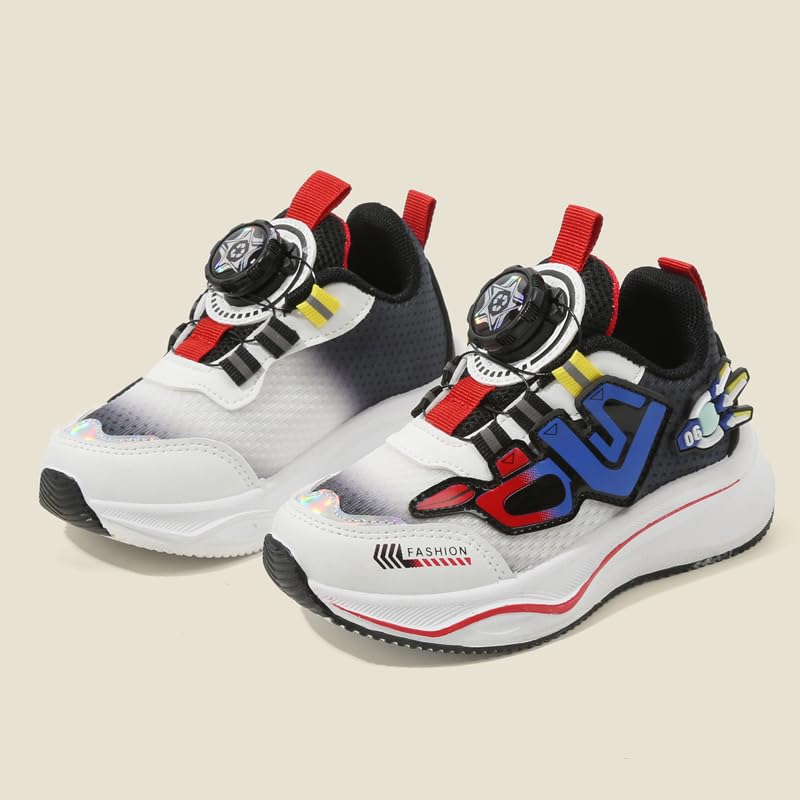 Kids Fashion Sneakers with Dial Closure, Athletic Running Shoes, White/Red/Blue, Chunky Platform Design2