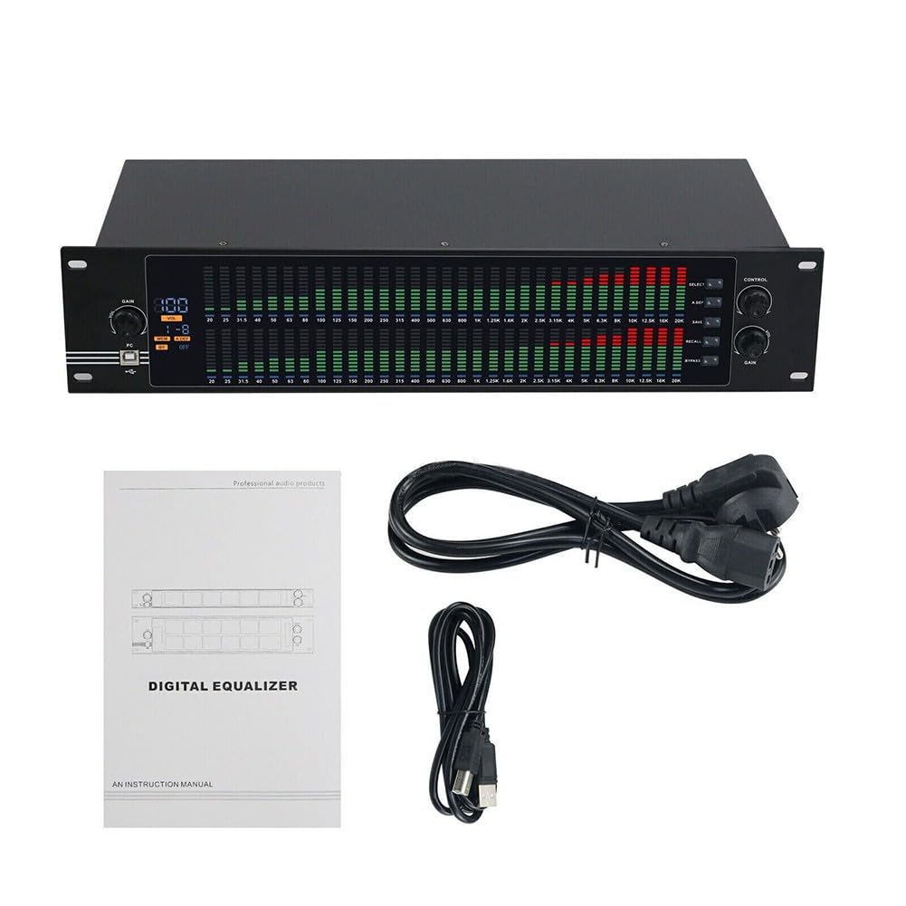 EasyByMall Equalizzatore grafico digitale a 31 bande doppio con DSP, display LCD dello spettro, controllo USB del PC, riduzione del rumore per palco, studio, home theater audio HIFI