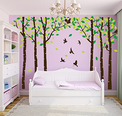 Six Birch Tree Wall Decals Birds Cute Squirrel Forest miniatura 3