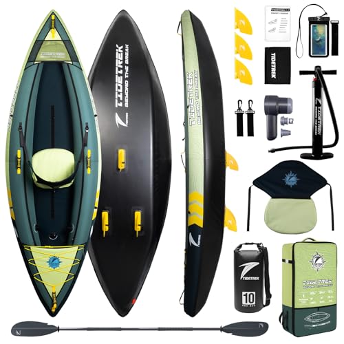 TIDETREK Inflatable Touring Kayak 1-Person & 2-Person with Waterproof Seat & Full Accessory Kit, Lightweight Recreational Kayak for Lake, River & Fishing (Jungle Trail, 1-Person(Single))