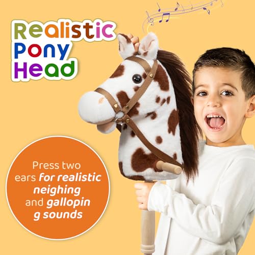 HollyHOME Stick Horse Plush Handcrafted Hobby Horse on a Stick with Wood Wheels Real Pony Neighing and Galloping Sounds for Kids Toddlers Appaloosa 36 Inches (AA Batteries Required) - Image 3