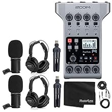 THIS PHOTO4LESS TOP VALUE KIT INCLUDES: Zoom PodTrak P4 Portable Multitrack Podcast Recorder - 2x Zoom M-1 Podcast Mic - 2x Zoom Headphones - 2x Windscreen - 2x XLR Cable - 2x Tabletop Stand - Photo4Less Black Cleaning Cloth Headphone Mixes: The PodT...
