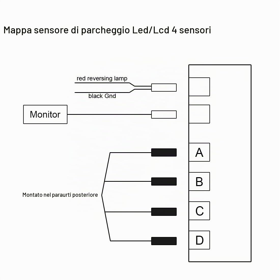 Sistema di sensori per parcheggio, con allarme acustico, impermeabile, con 4 sensori neri
