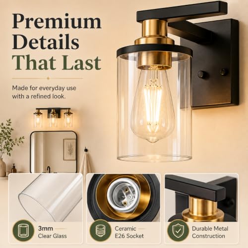 Image of L LOHAS LED 3-Light Bathroom Vanity Light, Black and Gold