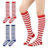 GYIOFAI 2 Paires Chaussettes Hautes femme Montantes Chaussettes de Genoux, Chaussettes Hautes Rayées Rouge Bleu et Blanc, Chaussettes longues rayées de Noël pour Halloween Cosplay Fête