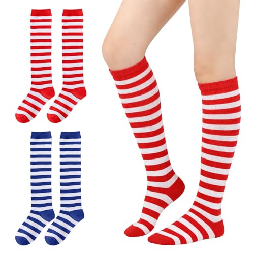 GYIOFAI 2 Paires Chaussettes Hautes femme Montantes Chaussettes de Genoux, Chaussettes Hautes Rayées Rouge Bleu et Blanc, Chaussettes longues rayées de Noël pour Halloween Cosplay Fête