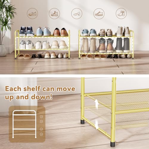 Image of Modern Shoe Rack, 2 Tier Heavy Duty Metal Mesh Shoe Shelf 27 Inch Wide, Gold