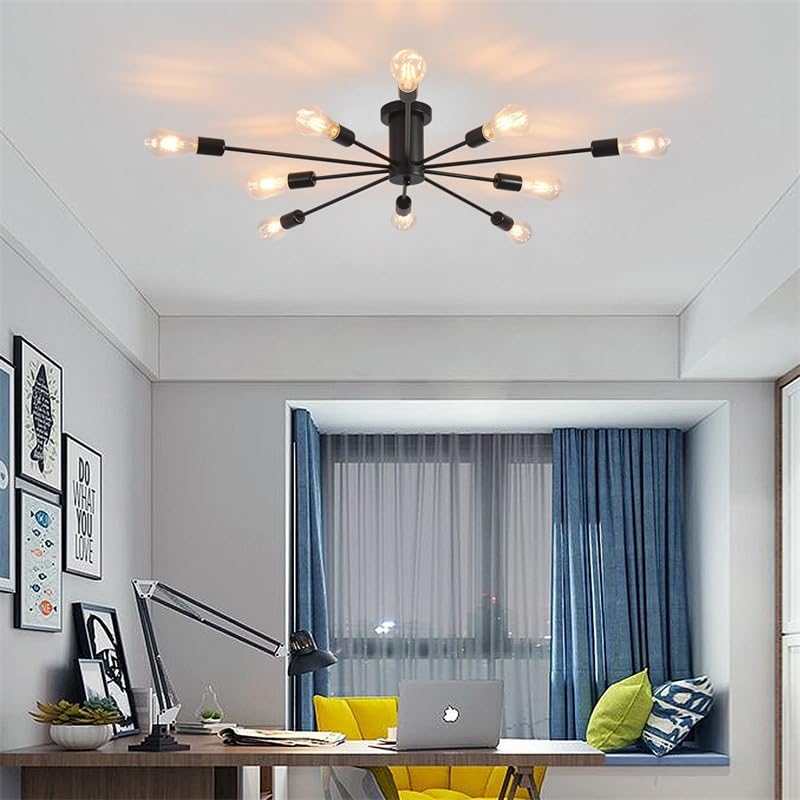 Plafonnier LED 10 lampes en fer noir et or pour salon et grande chambre