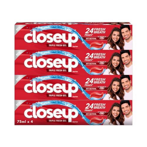 CLOSE UP Triple Fresh Gel Toothpaste for 12 hours fresh breath Red Hot Flavor With antibacterial mouthwash & microshine crystals 75ml x 4