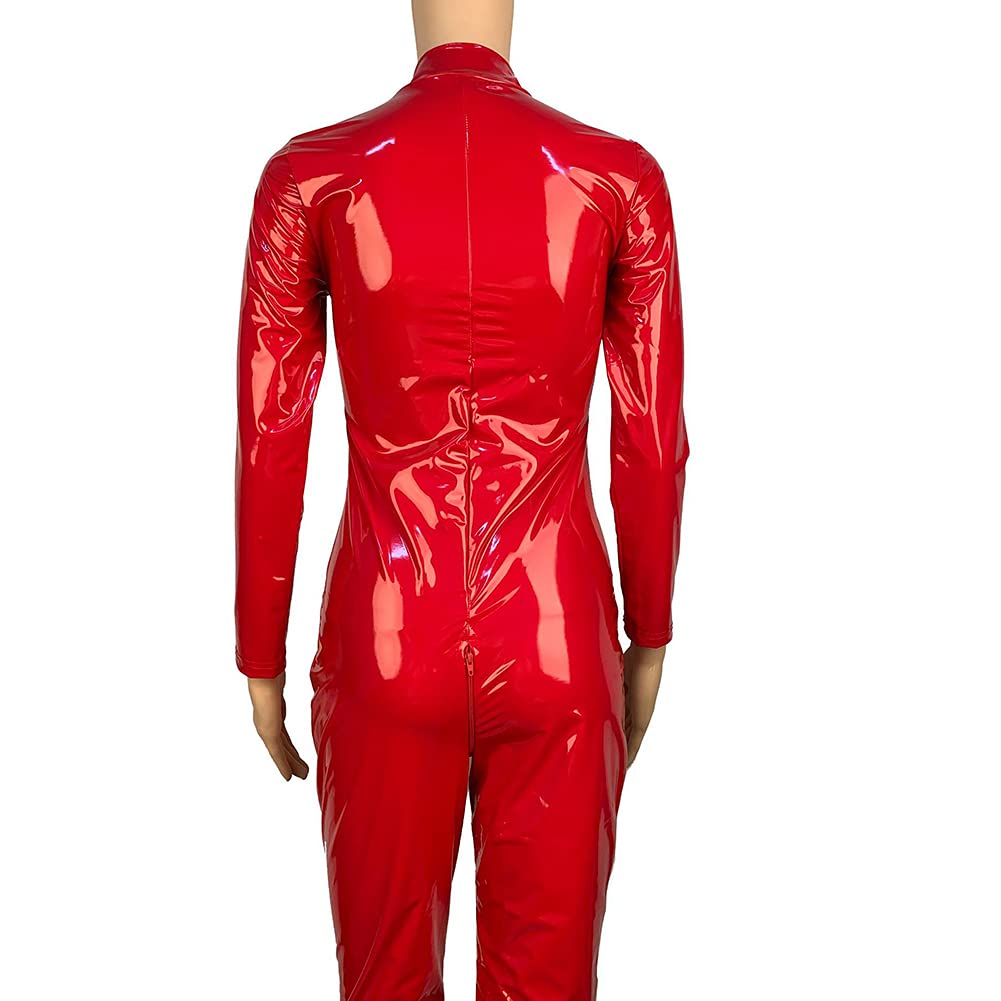 MediasCatsuit De Manga Larga De Cuero De Piel Sintética para Mujer, con Cremallera De Manga Larga Metálica, con Cremallera Mono De Una Pieza,Rojo,M