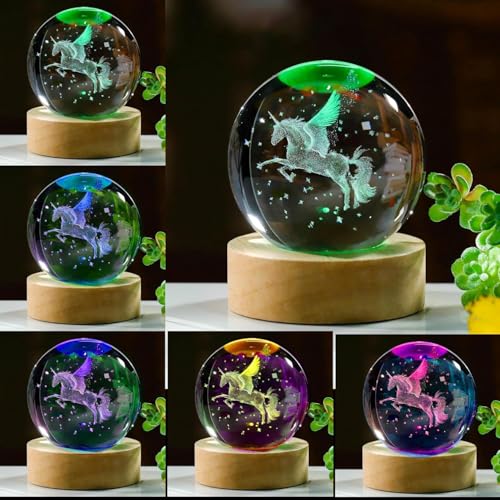 Lampe sphère en verre licorne 3D et veilleuse LED multicolore avec télécommande