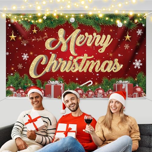 Figarge Christmas Banner Decoration, Extra Large Merry Christmas Banner with Santa Claus Snowman Christmas Background Banner for Outdoor Indoor Wall Yard Christmas Party Decoration