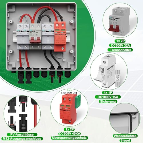 CNLonQcom Überspannungsschutz PV Solar Anschlusskasten 2 String DC 500V 32A Trennschalter Blitzschutz Mit 15A Sicherung IP65 2 In 1 Out Für PV Anlage Komplettset