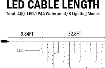 Hezbjiti Outdoor Christmas Lights, 400LED Ice Lights 33FT LED Fairy String Lights with 8 Modes and 75 Drops for Eaves, Party, Yard, Garden Decor(Cold White)