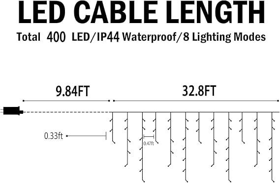 Hezbjiti Outdoor Christmas Lights, 400LED Ice Lights 33FT LED Fairy String Lights with 8 Modes and 75 Drops for Eaves, Party, Yard, Garden Decor(Cold White)