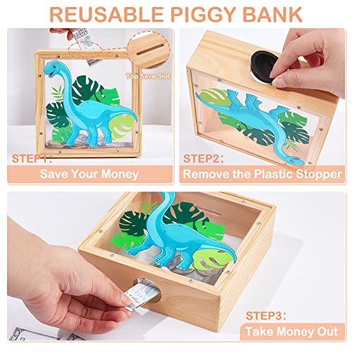 Piggy Bank For Boys, Wooden Dinosaur Piggy Bank For Kids Cartoon Money Bank Coin Bank With Diy Alphabet Stickers, Blue #TOP3