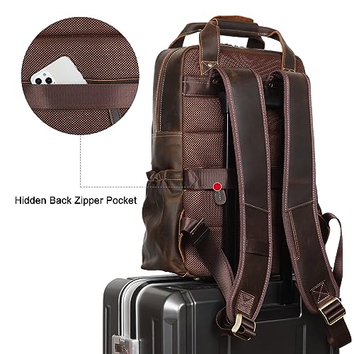 TIDING Vintage Full Grain Leather 17 Inch Laptop Backpack for Men Large Business Travel Daypack Computer Rucksack, Brown - Image 4