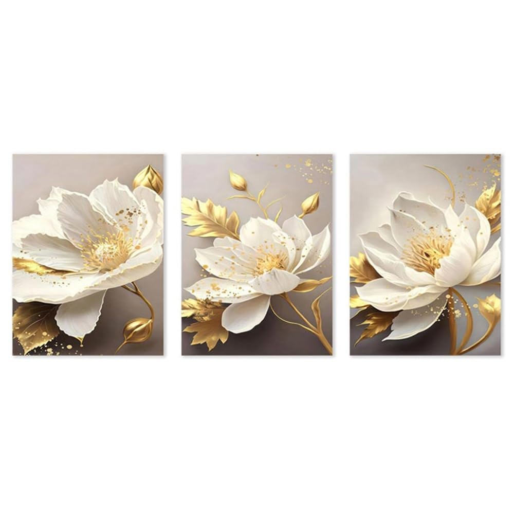 SOBMQ Poster-Nordic White Plant Golden Flowers Posters Print Pictures Modern Wall Art Aesthetic Canvas Painting for Living Room Kitchen Office Home Decor-50 * 70cm-3PCS (No Frame)