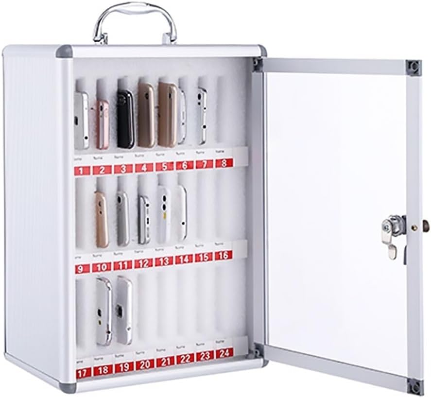 Mobile Phone Storage Locker with Lock - 24 Slots Desktop Organizer for Office & Classroom - Silver-A, Secure Cell Phone Storage Box, Space-Saving Solution