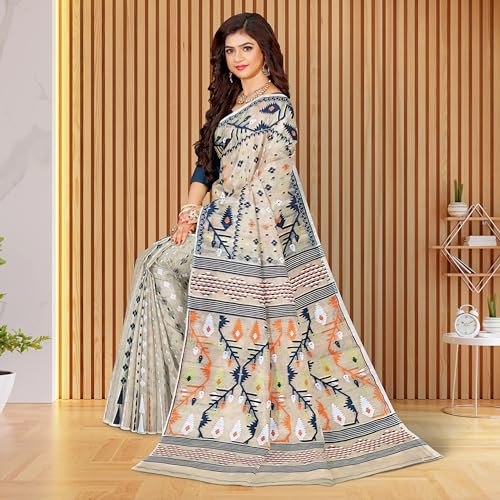 Image of Mayabi Women's Dhakai Jamdani Cotton Silk Saree Traditional Bengali Tant Korat Work, Without Blouse Piece