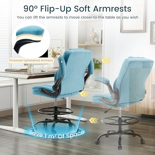 Image of Drafting Chair 500Lbs, Tall Office Chair for Standing Desk, Fabric Executive Office Chair with Flip-up Armrests, Ergonomic High Chair with Adjustable Foot Ring, Comfy Stool Chairs, Blue