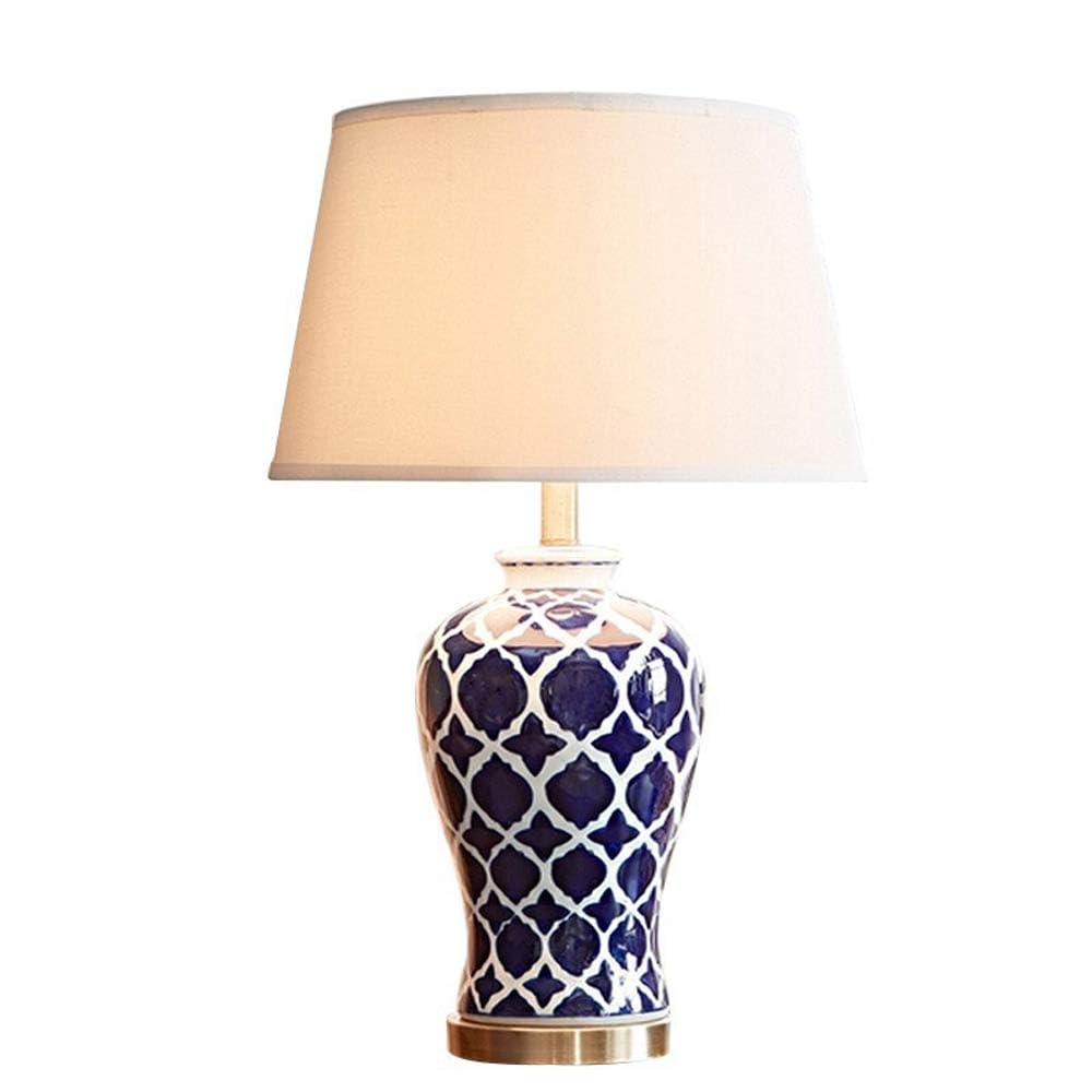 SGKOMN Classic Chinese Blue And White Porcelain Ceramic Table Lamp, Desk Lamp For Bedroom With White Fabric Shade, Bedside Nightstand Lamp For Living Room, Office, Study,
