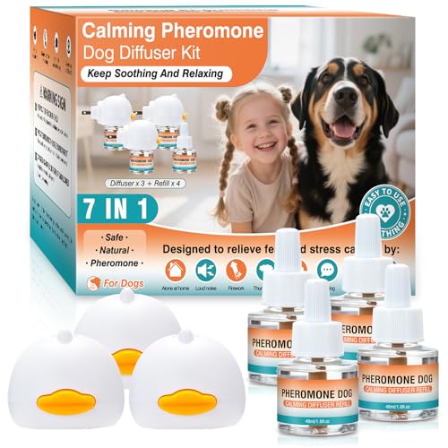 Image of Dog Calming Pheromone Diffuser Tasteless Anxiety Relief for Dogs 7 in1 Kit (3 Plug in Units + 4 Refills 48ml Each) Helps Reduce Aggression Barking Fighting Stress