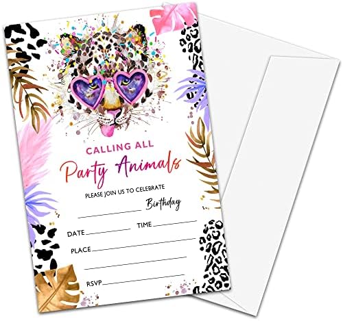 NYCTUG Party Animal Birthday Invitation Cards, Leopard Print Party Invitation For Teens Boys & Girls-Kid's Party Celebration Supplies, 20 Fill-In Invitations With Envelopes-C10