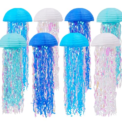 YUNXUAN Mermaid Party Decorations, Jellyfish Paper Lanterns Blue White Hanging Lantern for Mermaid Birthday Party Baby Shower Under The Sea Ocean Blue Birthday Decorations Pack of 8