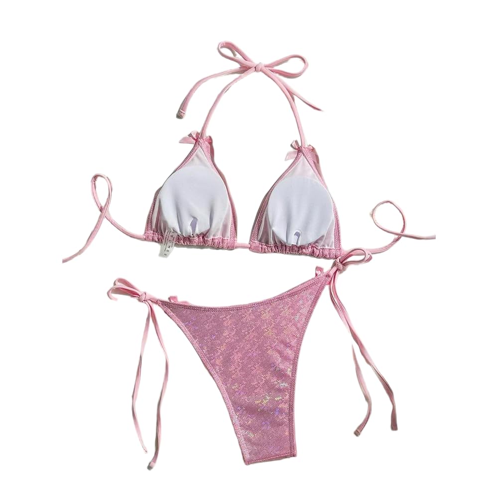 JJDFW Bikini Rose Brillant Extrême String Maillot de Bain Dos Nu Push Up Bowknot Vacances Maillots de Bain Femmes Micro Tangas Plage Maillot de Bain