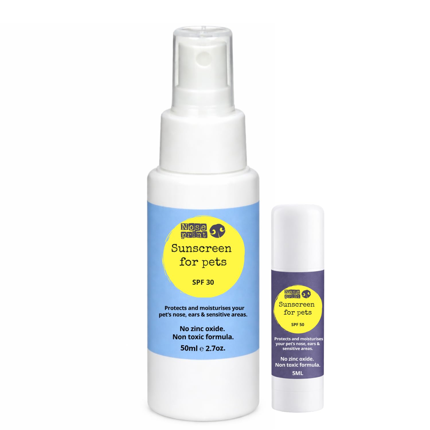 Noseprint Pet Sunscreen Bundle for Dogs and Cats, SPF 50 Balm 5ml with SPF 30 Spray 50ml, Non-Toxic Sun Protection