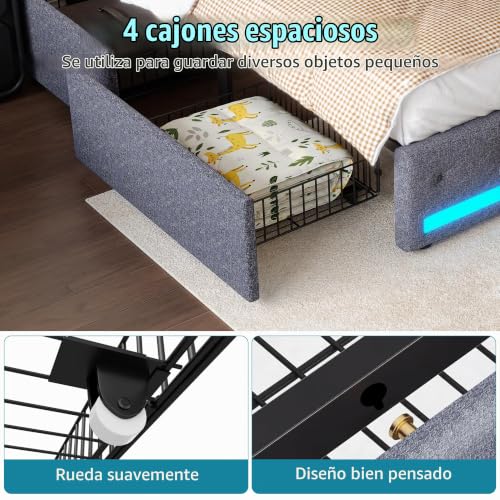 Miniatura 7 de Brilverde Cama Tapizada 160x200 Con Almacenaje, Con 4 Cajones, Cama Matrimonial Con Toma Usb Y Luz Led, Con Cabecero Y Somier De Láminas, Lino Grigio, 160 X 200 Cm