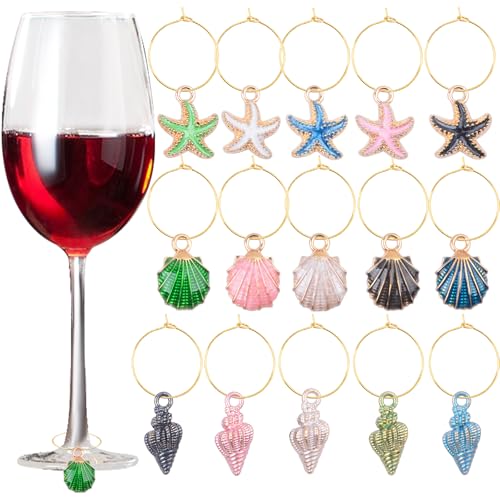30PCS Wine Glass Charms, Wine Charms for Stem Glasses, Drink Marker Tags, Wines Glass Charm Identifier Ring for Christmas & Bachelorette Wedding Tasting Party Beach Themed Decoration & Favors