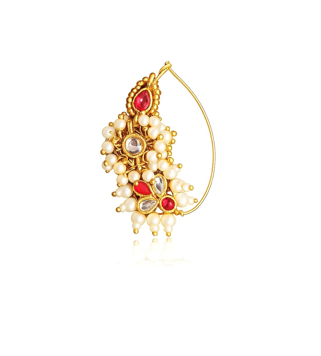 Maharashtrian Gold Plated Nath Nose Ring for Women | Pearl Ruby Studded Traditional Nose Pin | Marathi Bridal Nathani | Ethnic Jewelry Accessory-image-42