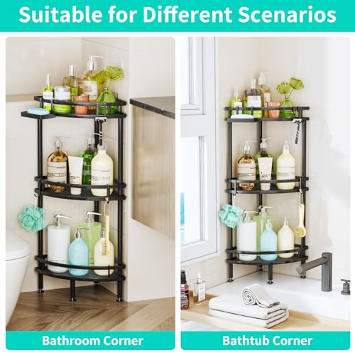 Image of HapiRm Standing Corner Shower Caddy - 3 Tier Shower Organizer Corner with Soap Holder and 4 Hooks, Rustproof Bathroom Storage Shelves with Adhesives, Black
