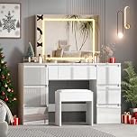 BSTSEL 120x40x75 cm White High Gloss 7 Drawers Dressing Table Vanity Desk with Stool Set Makeup Table with Large Adjustable Brightness Mirror for Bedroom 7 Chest of Drawers Dresser (White)