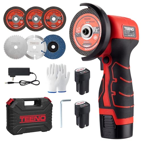 TEENO Mini Akku Winkelschleifer 16,8 V, 19.500 U/min, 76 mm Mini Flex kabellos mit 2 x 2000 mAh Akkus, Ladegerät, 6 Trennscheiben und Koffer, zum Schneiden, Schleifen und Polieren