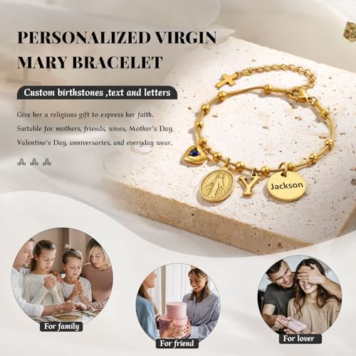 Personalized Gold-Plated Virgin Mary Bracelet for Women – Custom Engraved Catholic Jewelry, Dainty Marian Medal Charm Bracelet, Baptism/Confirmation/First Communion Gift, Religious Gifts for Her3