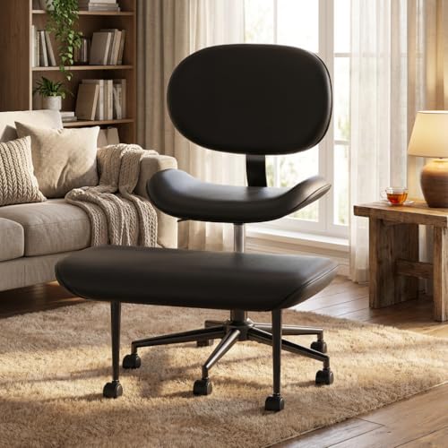 Image of Pinmoco Ergonomic Cross Legged Chair with Wheels - Adjustable Height Meditation & Yoga Chair for ADHD, Wide Criss Cross Design with Lumbar Support, PU Leather, Black