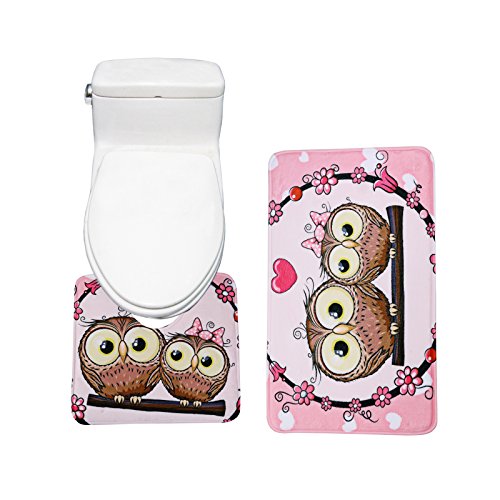 Amagical 3 Piece Bathroom Mat Set And Shower Curtain Set Bathroom Non-Slip Lovely Owl Pedestal Rug + Bath Mat Pink With 12 Hooks #TOP1