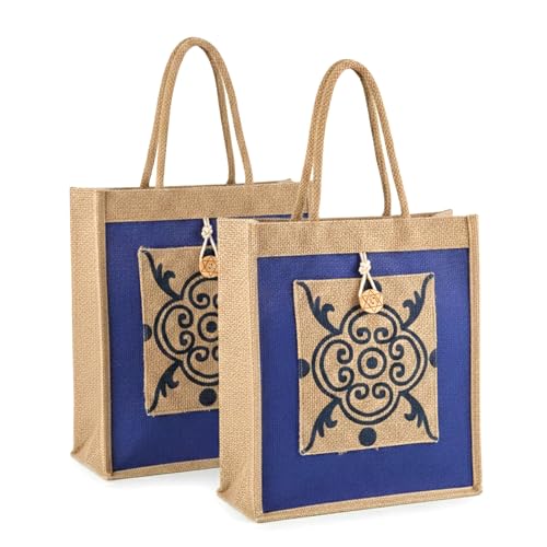 Image of Kuber Industries 2 Pcs Jute Medium Shopping Bag for Women with Handle | Reusable Carry /Shopping Bag for Grocery | Flower Design - Brown & Blue