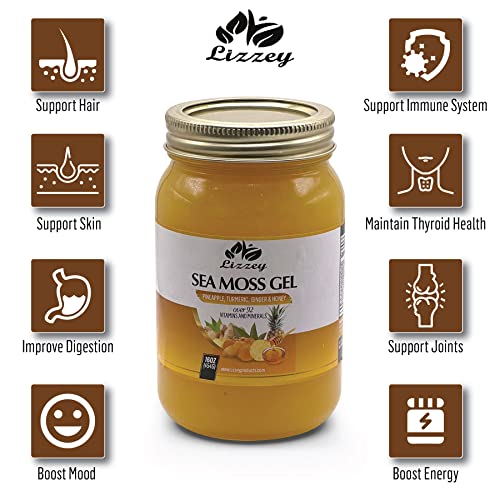 Lizzey 100% Organic, Pineapple Flavored Sea Moss Gel With Turmeric & Ginger For Immune Health And Digestive Support, For Men & Women, All Natural Superfood Supplement #TOP2