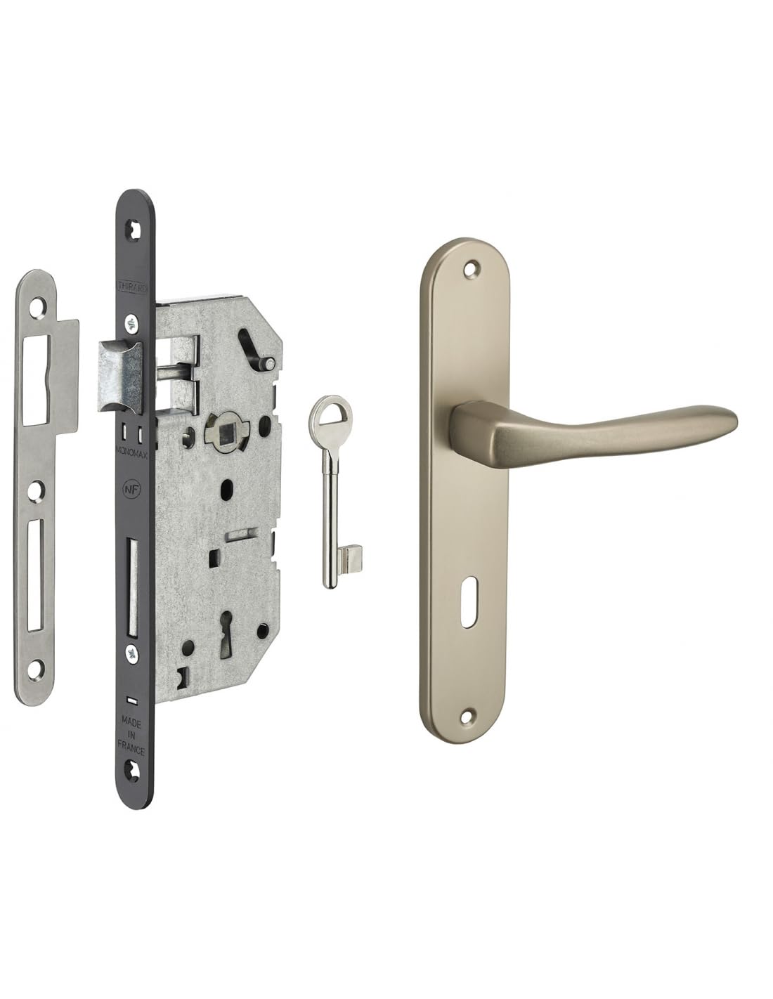 THIRARD - Garniture Serrure Encastrable Monomax NF Pêne Dormant - Ensemble Poignées Héra - Axe 40 mm - Bouts Ronds - Coffre Acier Embouti - Mécanisme à 2 Tours - Noir