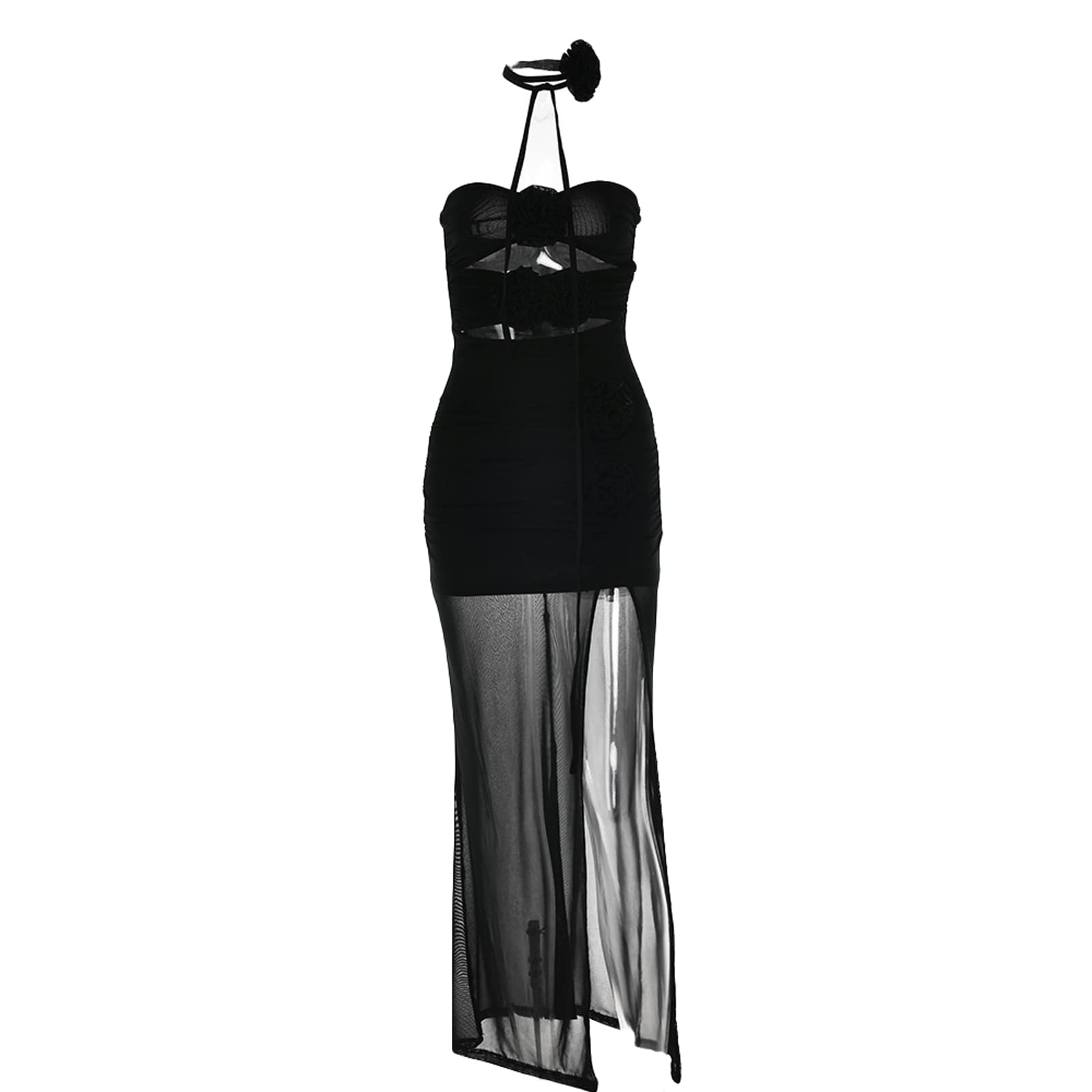 Abito Lungo Gotico Elegante Donna: Vestito Da Festa Con Scollo A V, Stampa, Cintura E Maniche Lunghe, Aderente, Nero