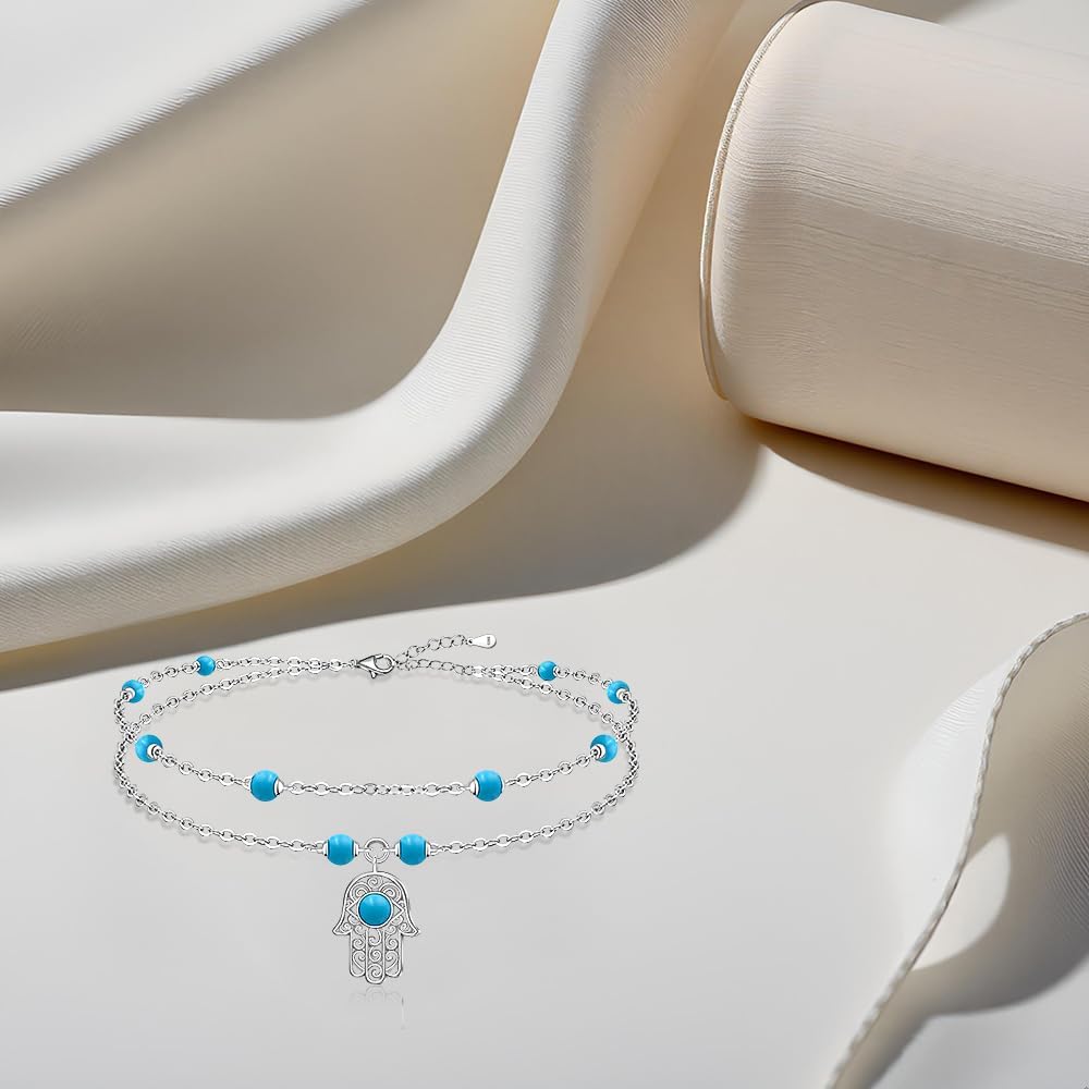 Anklets for Women S925 Sterling Silver Hand of Fatima Charm Dainty Evil Eye Hamsa Hand Anklet Adjustable Layered Bracelet Turquoise Jewelry Mothers Day Gifts for Mom - Image 5